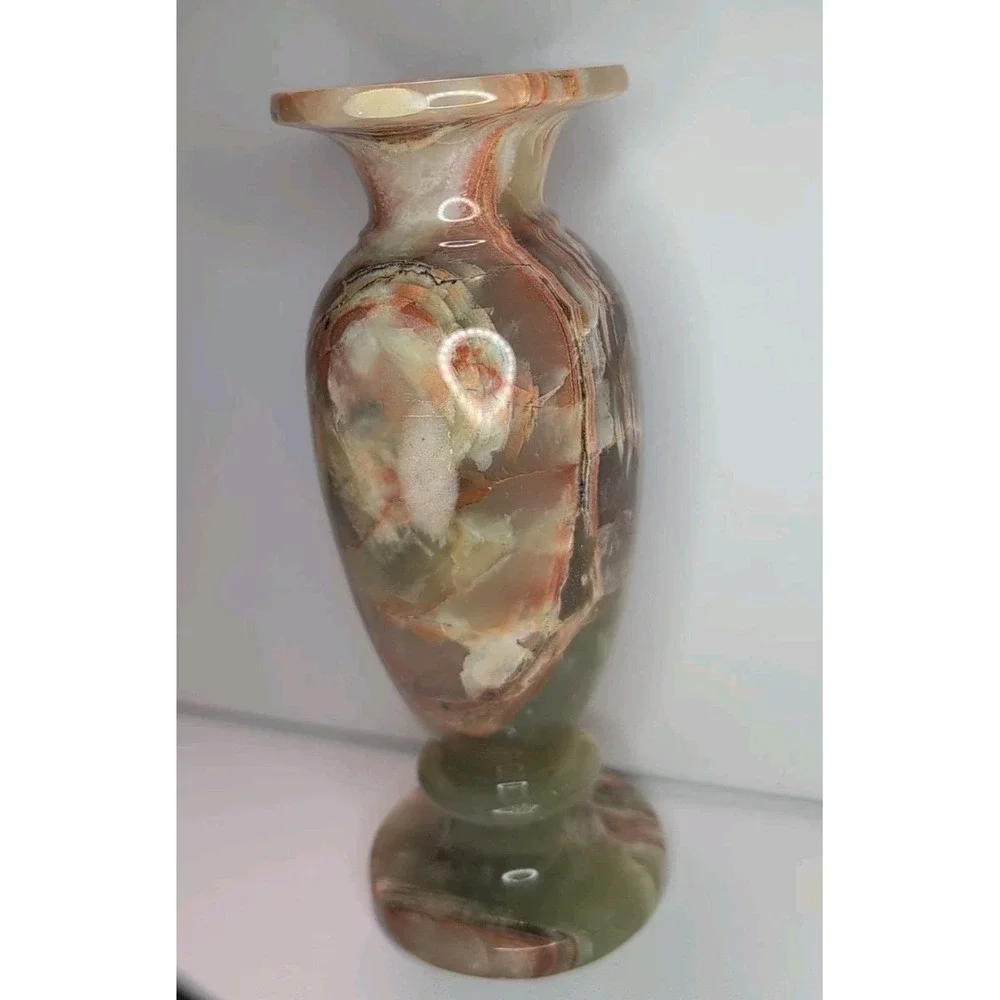 Vintage MCM Heavy Green Peach Onyx Vase Baluster Shape Banded Swirl‎ Markings